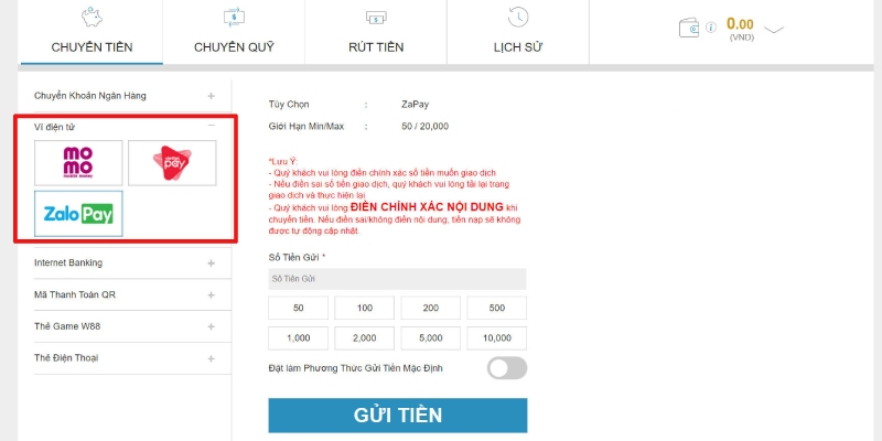 Thao tác nạp tiền W88 đầy đủ qua ví điện tử cho người chơi